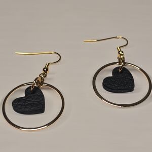 Gold and Black Hoop Earrings with Heart Pendants